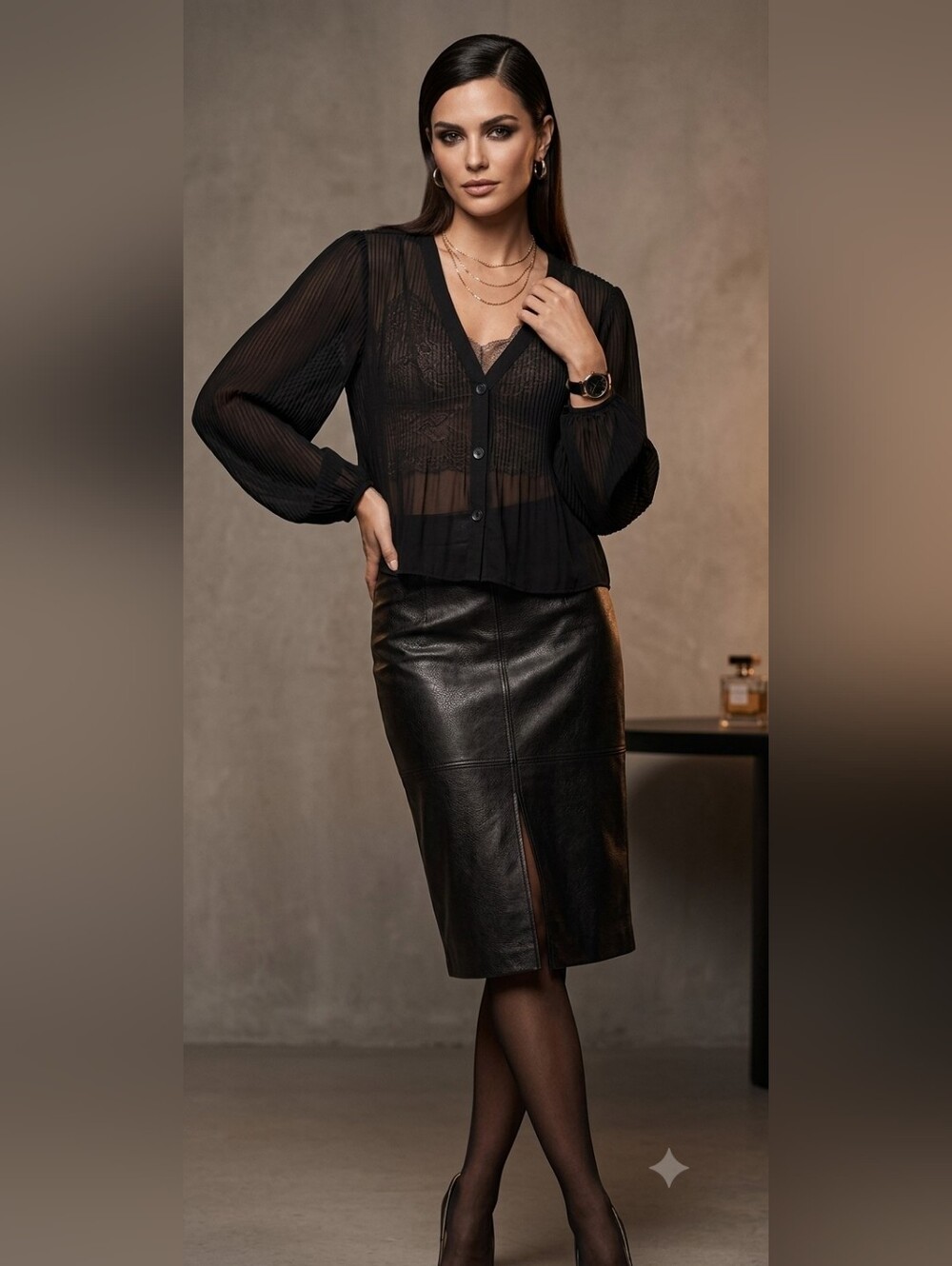 Zara Sheer Black Pleated V-Neck Button Front Cropped Blouse Bishop Sleeves